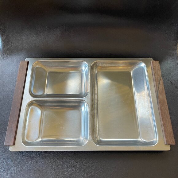 Mid-Century Danish Stainless Steel Teak Handles 3-section serving dish - Picture 1 of 6